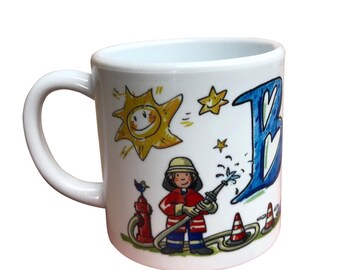 Kindertasse mit Namen Feuerwehr , Feuerwehrmann , Feuerwehrfrau , RosiRosinchen
