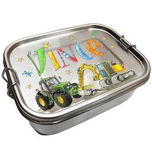 Edelstahl Brotdose Trecker Bagger, Edelstahlbrotdose nachhaltig, Edelstahlbrotdose auslaufsicher, Brotdose personalisiert, RosiRosinchen RR