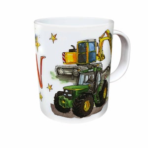 Kindertasse Bagger Trecker, Kunststoff, personalisierte Geschenkidee Kinder, RosiRosinchen