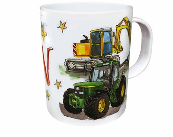 Kindertasse Bagger Trecker, Kunststoff, personalisierte Geschenkidee Kinder, RosiRosinchen