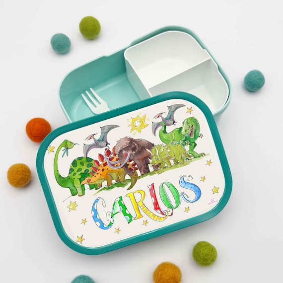 Brotdose Mit Namen 6 Dinos, Brotdose Stegosaurus, Tyrannosaurus, Personalisierte Brotdose Kinder Schulanfang, Personalisiertes Geschenk Kita