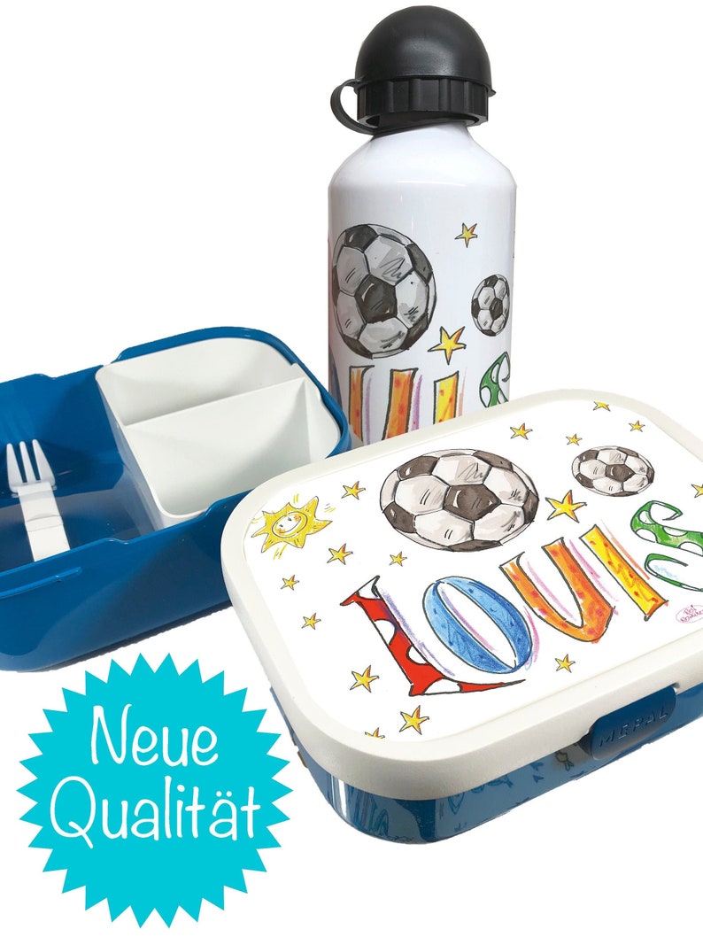 Set Brotdose mit Trinkflasche, Frühstücks Set personalisiert, Kinderset Fußball , Brotdosenset Junge Fußball Bild 1