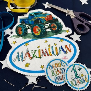 Aufnäher Schultüte Monstertruck, Schultüten Aufnäher Monstertruck 2025, DIY Schultüte, Aufnäher Name, RosiRosinchen