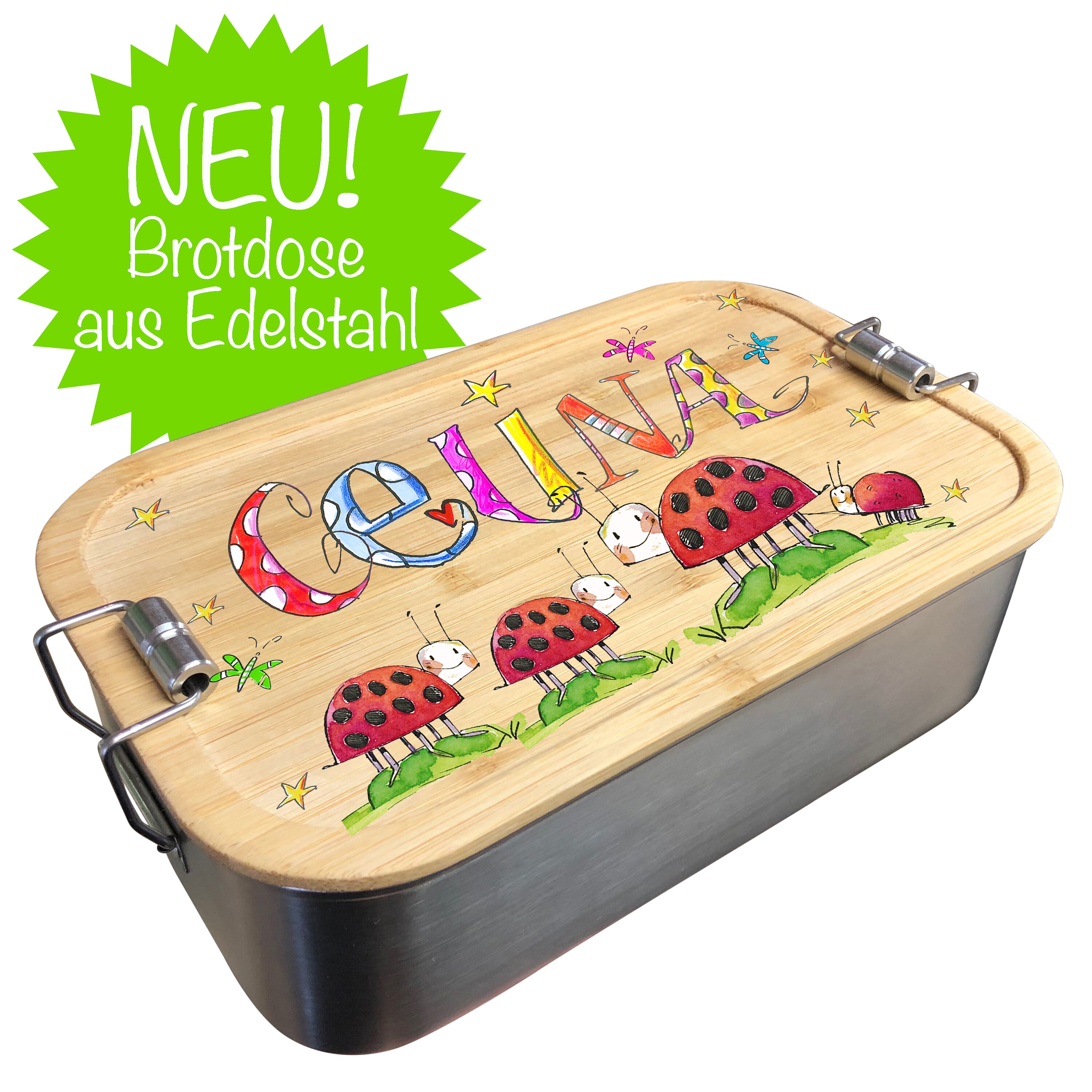 Lunchbox Edelstahl Marienkäfer, Edelstahlbrotdose Mit Bambusdeckel, Edelstahl Brotdose Mit Unterteilung, Rosirosinchen RR
