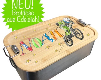 Edelstahl Brotdose Mountainbike, Edelstahlbrotdose mit Bambusdeckel,  Edelstahl brotdose mit Unterteilung, Ostergeschenk