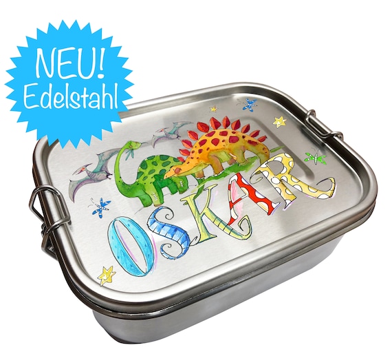 Lunchbox Edelstahl Dino 1, Lunchbox Edelstahl Kinder Dinos, 100% Auslaufsicher, Edelstahl Brotdose Dinosaurier 2 Fächer, Rosirosinchen