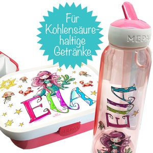 Set Brotdose + Wasserflasche Mepal Mermaid, Trinkflasche kohlensäurehaltige Getränke, Mepal Trinkflasche Flip-up, Trinkflasche mit Namen