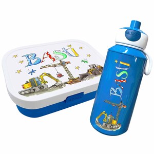Set Brotdose Trinkflasche Baustelle, Brotdose und Trinkflasche mit Namen, Frühstücksset Kindergarten Fußball, Geschenk Einschulung