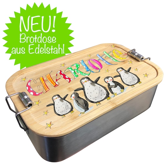 Lunchbox Mädchen 5 Pinguine, Brotdose Kindergarten Mit Bambusdeckel, Edelstahl Brotdose Personalisiert Tiere, Lunchbox Mit Namen Junge