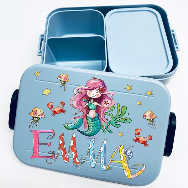 Mermaid Lunchbox MEPAL2, Meerjungfrau Kinder Brotdose mit Namen, Geschenk zur Einschulung, Schultütenfüllung, RosiRosinchen