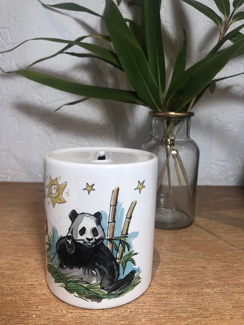 Spardose mit Namen und Panda , Taufgeschenk , Geldgeschenk, Geschenk zur Kommunion, Konfirmation, RosiRosinchen Bild 1