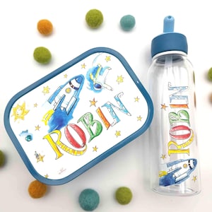 Set Brotdose und Wasserflasche Mepal Rakete personalisiert, Trinkflasche Kinder mit Namen Brotdose Trinkflasche kohlensäurehaltige Getränke