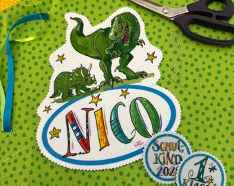 Namen Aufnäher, Tyrannosaurus , Triceratops , Dinosaurier Applikation, DIY Schultüte Dinosaurier, Bastelset Zuckertüte T-Rex