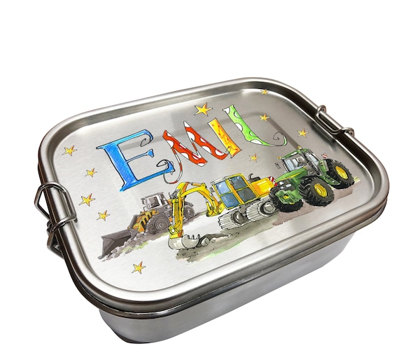 Brotdose Bagger Trecker Radlader, Personalisierte Brotdose Junge Nachhaltig, Edelstahlbrotdose Schule Auslaufsicher, Brotzeitdose Baustelle