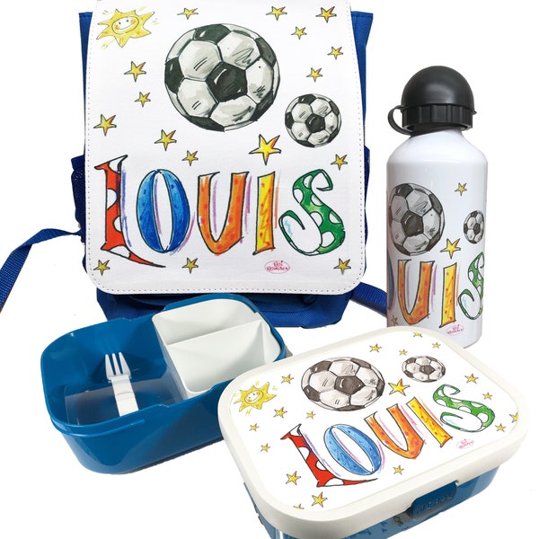 Kindergarten-Set Fußball, Rucksack , Trinkflasche , Brotdose , personalisiert , Frühstücksset Fußball im Kindergarten , RosiRosinchen