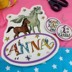 Personalisierter Aufnäher Pferd mit Fohlen, DIY Schultüte Pferde, DIY Zuckertüte Pferde, Nähset Schultüte Pferd, schultüte selber basteln