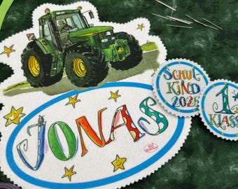 Aufnäher Schultüte Traktor personalisiert, Schultüten Patch Traktor grün, DIY Schultüte Trecker, Bastelset Zuckertüte, RosiRosinchen