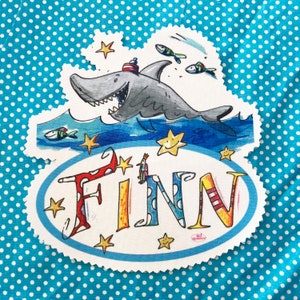 Namen Aufnäher Kinder , Hai , Mutterpass Applikation , T-Shirt Applikation , Turnbeutel Applikation , RosiRosinchen