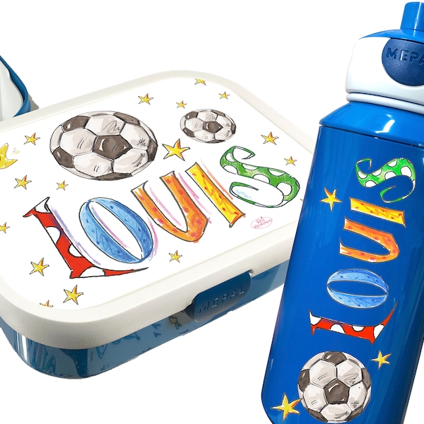 Set Brotdose Trinkflasche Fußball, Brotdose und Trinkflasche mit Namen, Frühstücksset Kindergarten Fußball, Kita, Geschenk Ostereiersuche