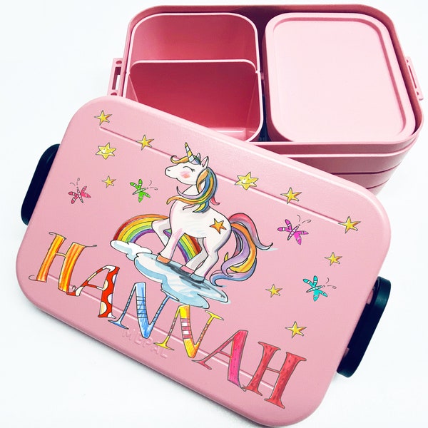 Einhorn2 Regenbogen Lunchbox MEPAL2, Einhorn Kinder Brotdose mit Namen, Geschenk zur Einschulung, Schultütenfüllung, RosiRosinchen