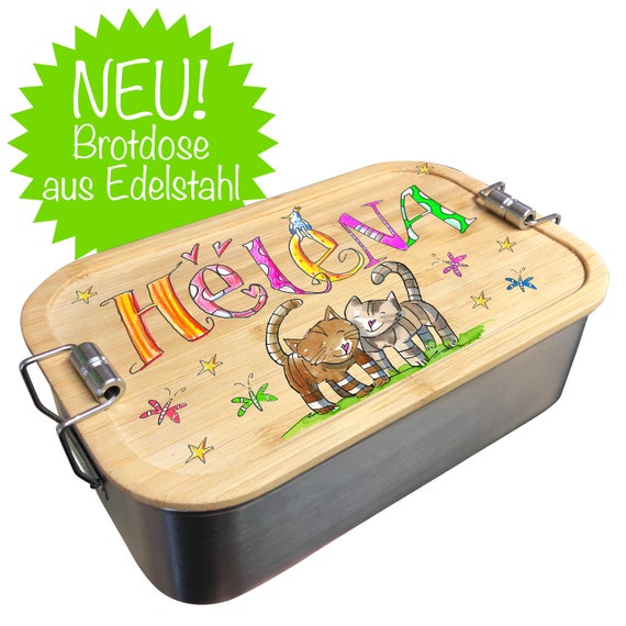 Brotbox Bambus Deckel Graviert Personalisierte Edelstahl-Brotdose Für Kinder – Mit Namen & Fuchs, Nachhaltig, Ohne Plastik, 16,6x13x6 Cm