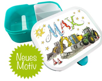 Brotdose mit Namen Bagger Radlader Trecker, Lunchbox Bagger Trecker radlader, Versperbox Baustellenfahrzeuge
