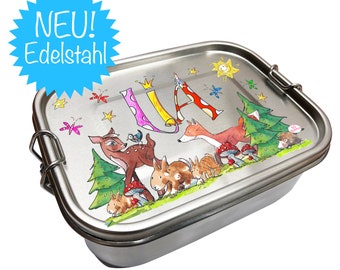 personalisierte Brotdose Wald, Edelstahlbrotdose Waldtiere mit Namen, Edelstahlbrotdose 2 Fächer, Lunchbox Edelstahl Kinder auslaufsicher