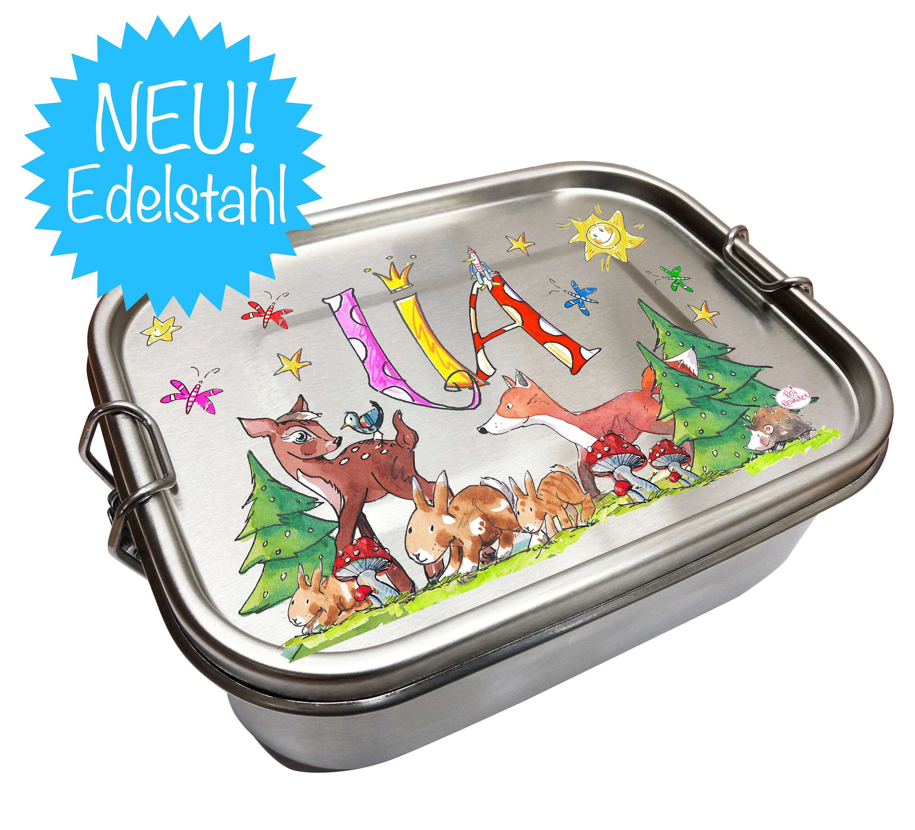 Personalisierte Brotdose Wald, Edelstahlbrotdose Waldtiere Mit Namen, Edelstahlbrotdose 2 Fächer, Lunchbox Edelstahl Kinder Auslaufsicher