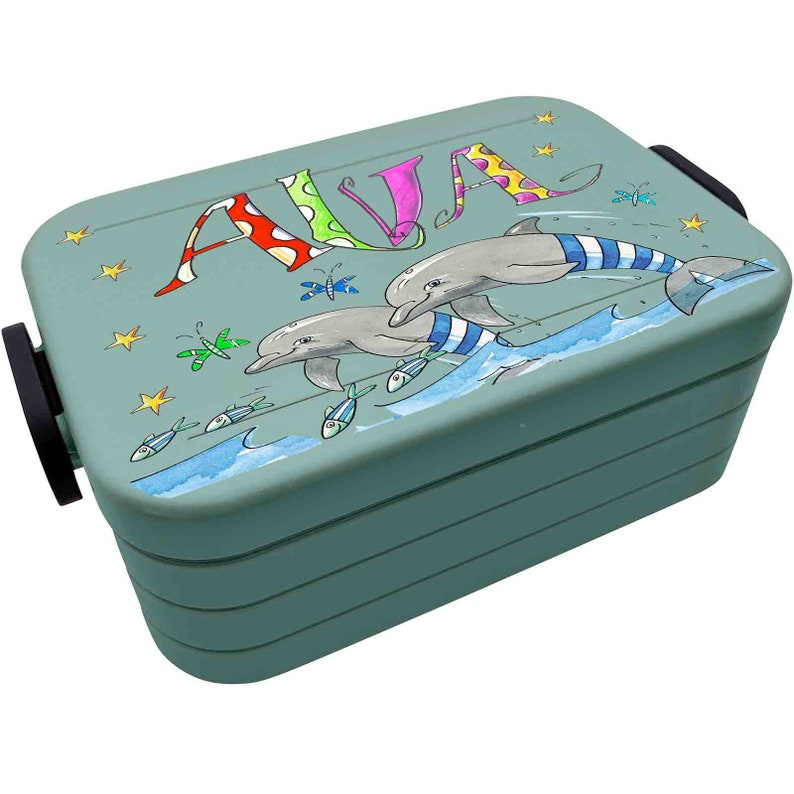 Delfin Lunchbox MEPAL2, Delphin Kinder Brotdose mit Namen, Geschenk zur Einschulung, Schultütenfüllung, RosiRosinchen Nordic Green