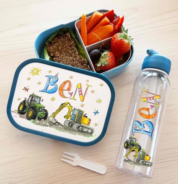 Set Brotdose + Wasserflasche Mit Namen Trecker Bagger Mepal, Trinkflasche Kohlensäurehaltige Getränke, Geschenkset Einschulung Kinder
