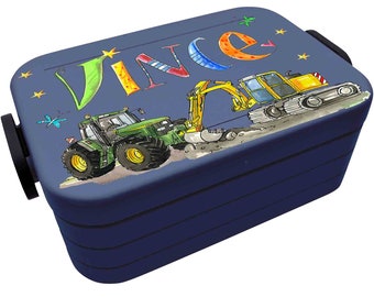 Trecker und Bagger Lunchbox MEPAL2, Trecker und Bagger Kinder Brotdose mit Namen, Geschenk zur Einschulung, Schultütenfüllung, RosiRosinchen