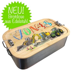 Brotdose Radlader Bagger Trecker personalisiert, Brotdose Kinder mit Namen, Edelstahl Lunchbox Schule, Lunchbox Edelstahl mit Bambusdeckel