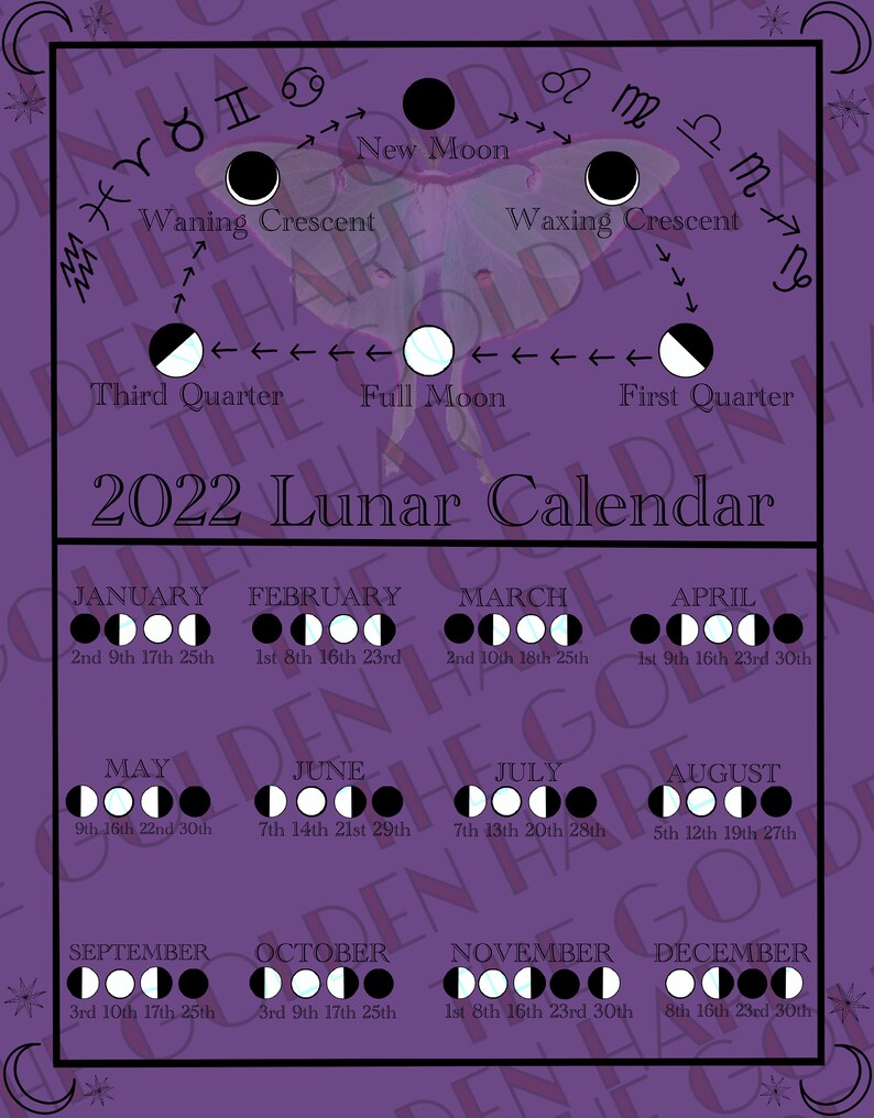 2022 Lunar Calendar Moon Phase Calendar Purple Etsy Israel