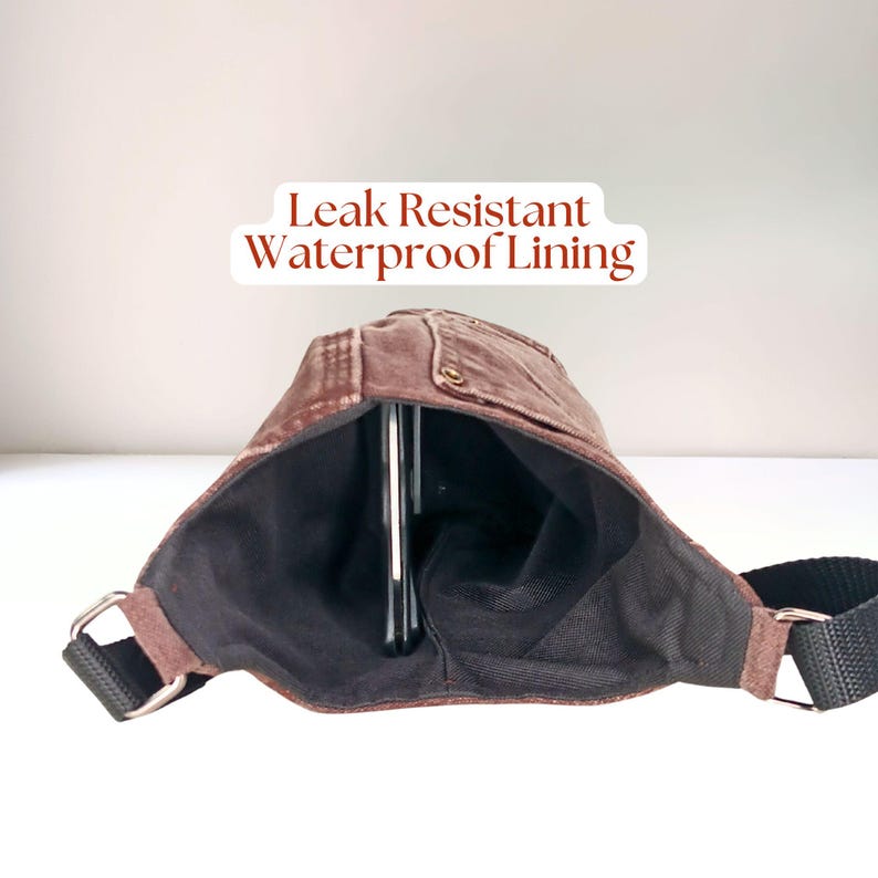 Interior view revealing the wipe clean waterproof canvas lining that keeps gear dry and secure. Roomy enough for a 64 oz bottle plus small essentials. The text on the screen reads, "Leak Resistant Waterproof Lining".