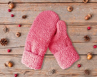 Pink Fleece Mittens 11-14 | Teen & Small Woman | Fluffy Handmade Mitts | Layered Cozy Winter Gloves | Warm Lined Outdoor Play Gear