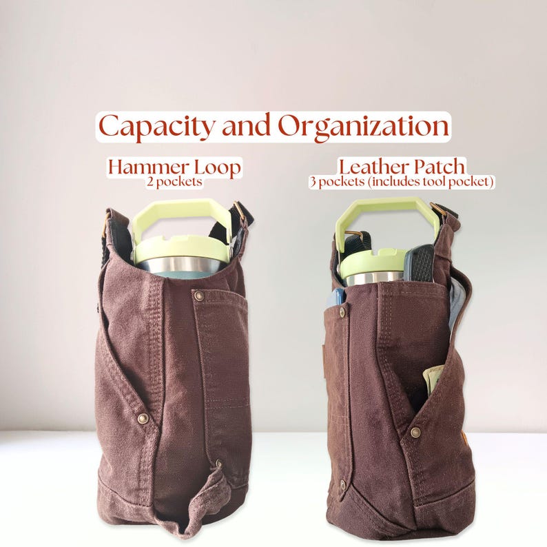 Side-by-side comparison of two canvas bottle holders showing pocket capacity: hammer loop with 2 pockets and leather patch version with 3 pockets including tool pocket.