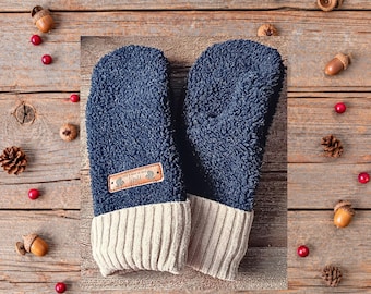 Blue Kids Mittens 8-10 | Fuzzy Layered Winter Gloves | Fleece Lined Kid Mitten | Warm Lining Mitts | Gift for Child | Outdoor Play Gear