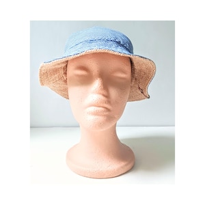 Blue Gingham Baby Reversible Bucket Hat | Upcycled Burlap | Handmade Eco-Friendly Summer Hat | Unisex Babies Bonnet Gift | Toddler Beachwear