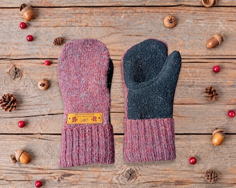 Shetland Wool Kids Mittens 3-7 Years | Red Mitten | Double Layered Cozy Winter Gloves | Fleece Lined | Warm Lining Mitts | Gift for Child