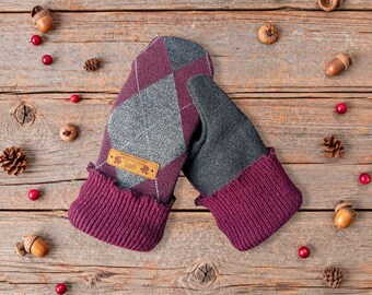 Handmade Mittens 11-14 | Merino Wool | Teen, Small Woman | Purple Black | Outdoor Cold Weather Gear | Winter Gloves | Fleece Lined Mitts