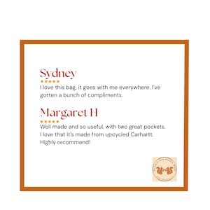 Two five-star customer reviews highlighting a bag’s quality, usefulness, compliments received, and upcycled Carhartt materials.
