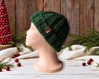 Kids Winter Hat 5-10 | Green No Wool | Ribbed Hand Knit | Cozy Beanie for Boys, Girls | Cold Weather Handmade Warm Cap | Outdoor Play Gear