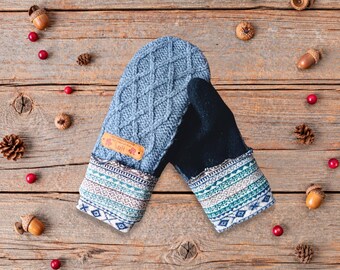 Gray Wool Mittens Youth 11-14 | Teen Small Woman | Handmade Purple Black | Double Layered Cozy Winter Gloves | Warm Polar Fleece Lined Mitts