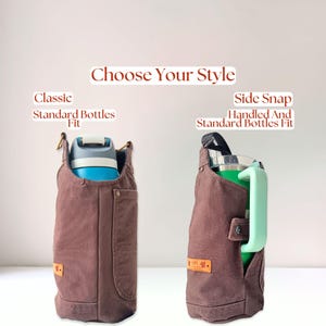 Comparison of two styles of canvas bottle holders; one with the ability to hold standard bottles, and one able to hold both handled and standard bottles. Both crossbody bags are shown holding large water bottles.