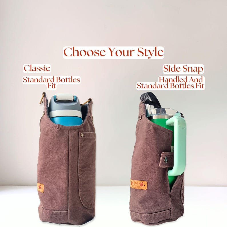 Comparison of two styles of canvas bottle holders; one with the ability to hold standard bottles, and one able to hold both handled and standard bottles. Both crossbody bags are shown holding large water bottles.