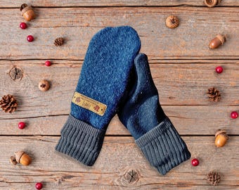 Kids Wool Mittens 3-7 Years | Blue Double Layered Cozy Winter Gloves | Fleece Lined Mitten | Warm Lining Mitts | Outdoor Play Gift for Child