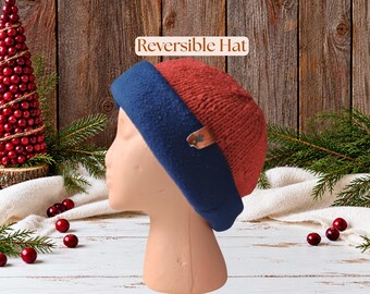 Reversible Wool Hat, Teens 15 to Adults, Warm Tweed, Unisex Cozy Winter Beanie, Fleece Lining, Orange, Blue, Cold Weather Outdoor Gear