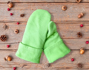 Green Mittens for Child 8-10 Years | Kids Fleece Winter Gloves | Double Layered Cozy | Lined Mitten | Warm Lining Mitts | Gift for Kid Boy