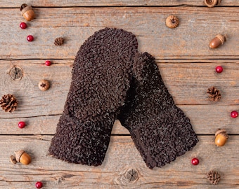 Fluffy Brown Kids Mittens 8-10 | Fleece Winter Gloves | Lined Kid Mitten | Warm Lining Mitts | Double Layered Cozy | Outdoor Play Gear
