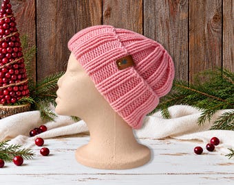 Womens Wool Hat Ages 15+ | Teen Hand Knit Cap | Pink Stretchy | Winter Woman Slouchy Beanie | Cold Weather | Outdoor Gear | Warm Cozy Gift